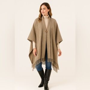 Wool Blend Taupe Fringe Shawl Wrap One Size Boho Minimalist Winter Cozy